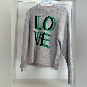 Gray Sweater with Green and Blue Accents